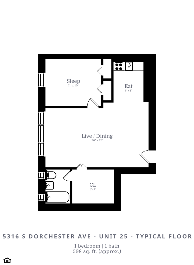 Floor plan for 1 bed, 2 baths, 592 sqft